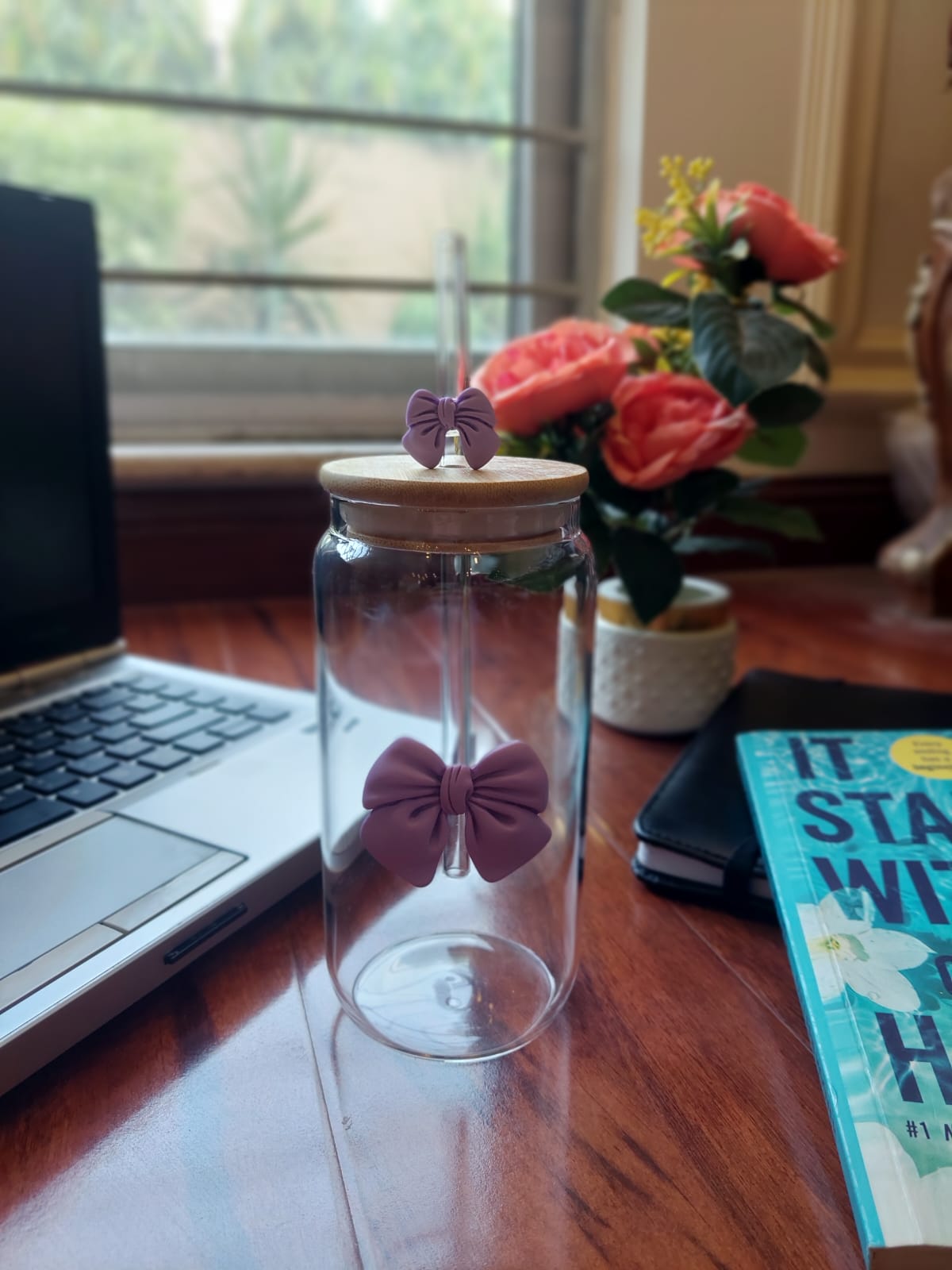 Aesthetic Bow Glass Jar with Lid & Straw