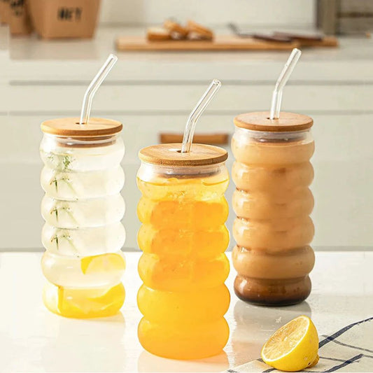 Glass Tumbler Set With Bamboo Lids And Straws