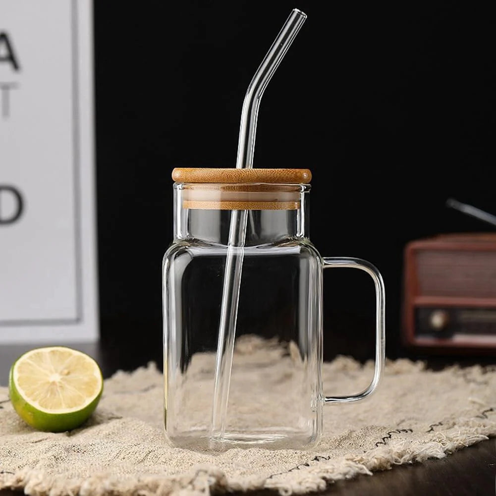 Square Glass Smoothie Tumbler with Handle & Straw