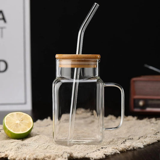 Square Glass Smoothie Tumbler with Handle & Straw
