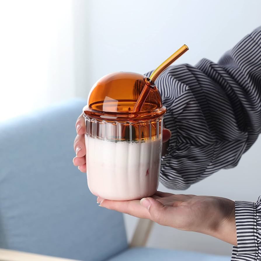 Cute Drinking Glasses with Glass Dome Lid and Straw