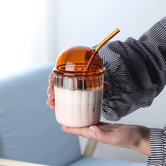 Cute Drinking Glasses with Glass Dome Lid and Straw