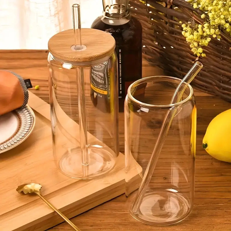 Bamboo-Top Glass Tumbler with straw- 16oz