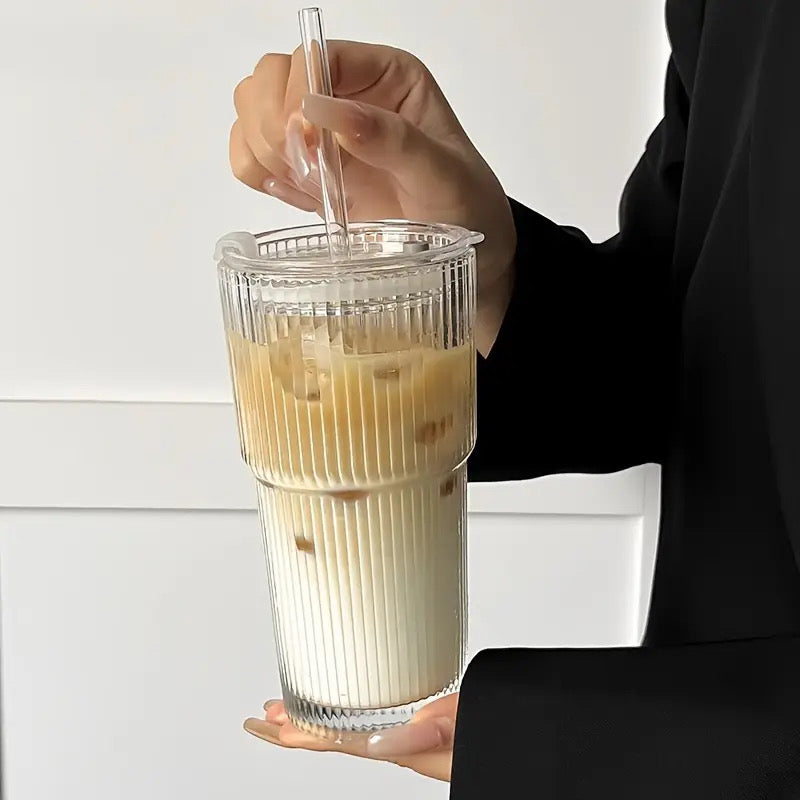Striped Glass Cups with Straws & Lids - 20.29oz