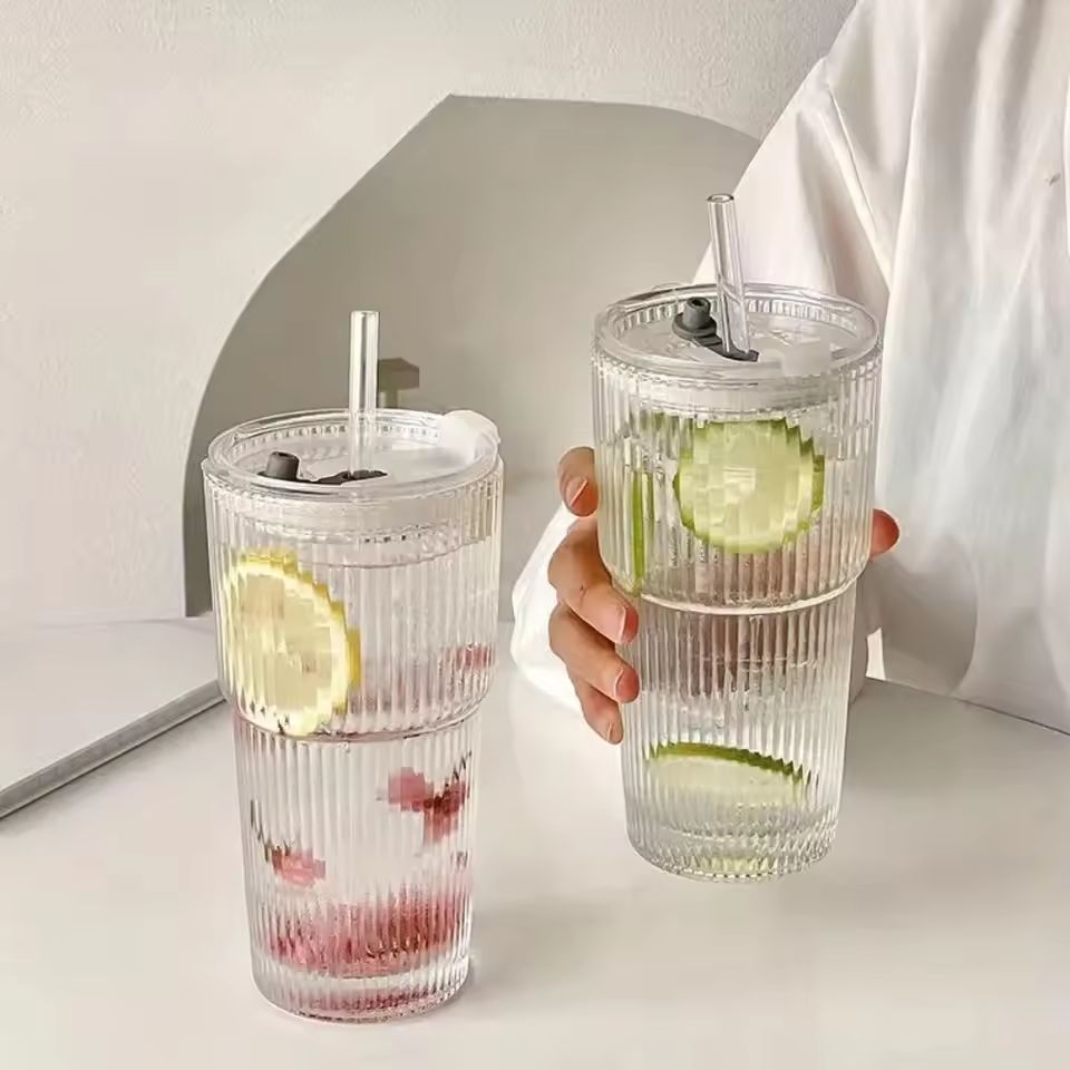 600ml stripe glass Cup with Lid and Straw Transparent