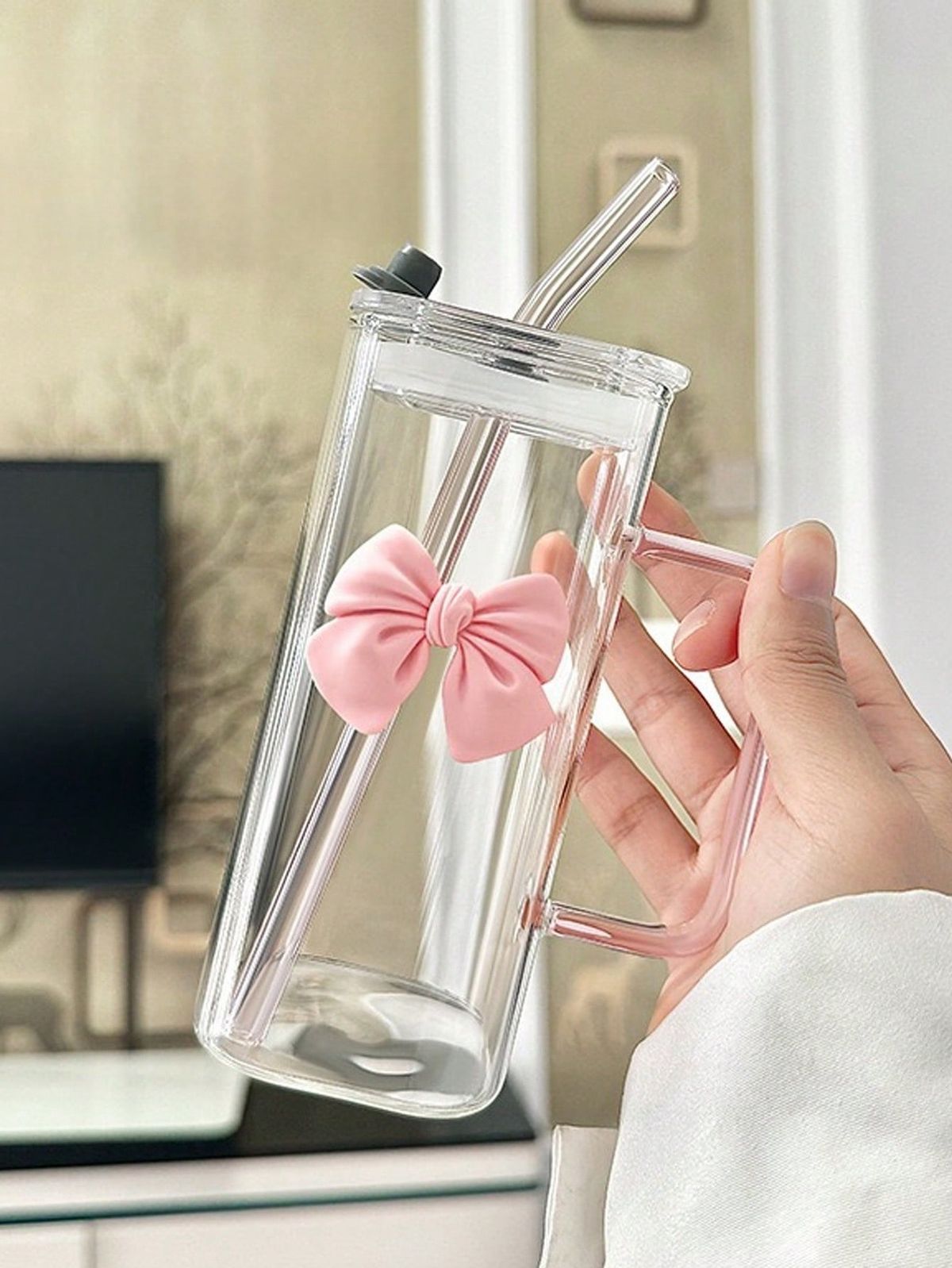 Cute bow square glass cups with lid and straw