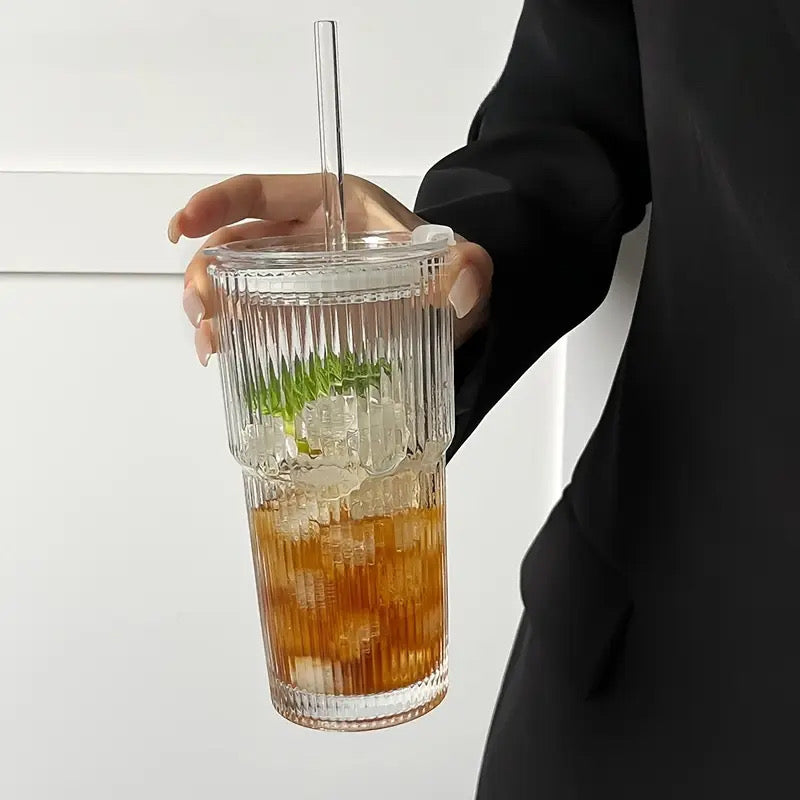 Striped Glass Cups with Straws & Lids - 20.29oz
