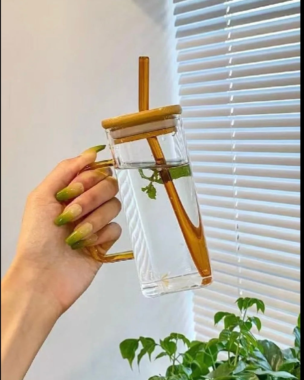 Square Glass Handled Straw Tumbler