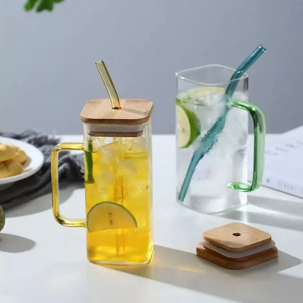 Square Glass Handled Straw Tumbler