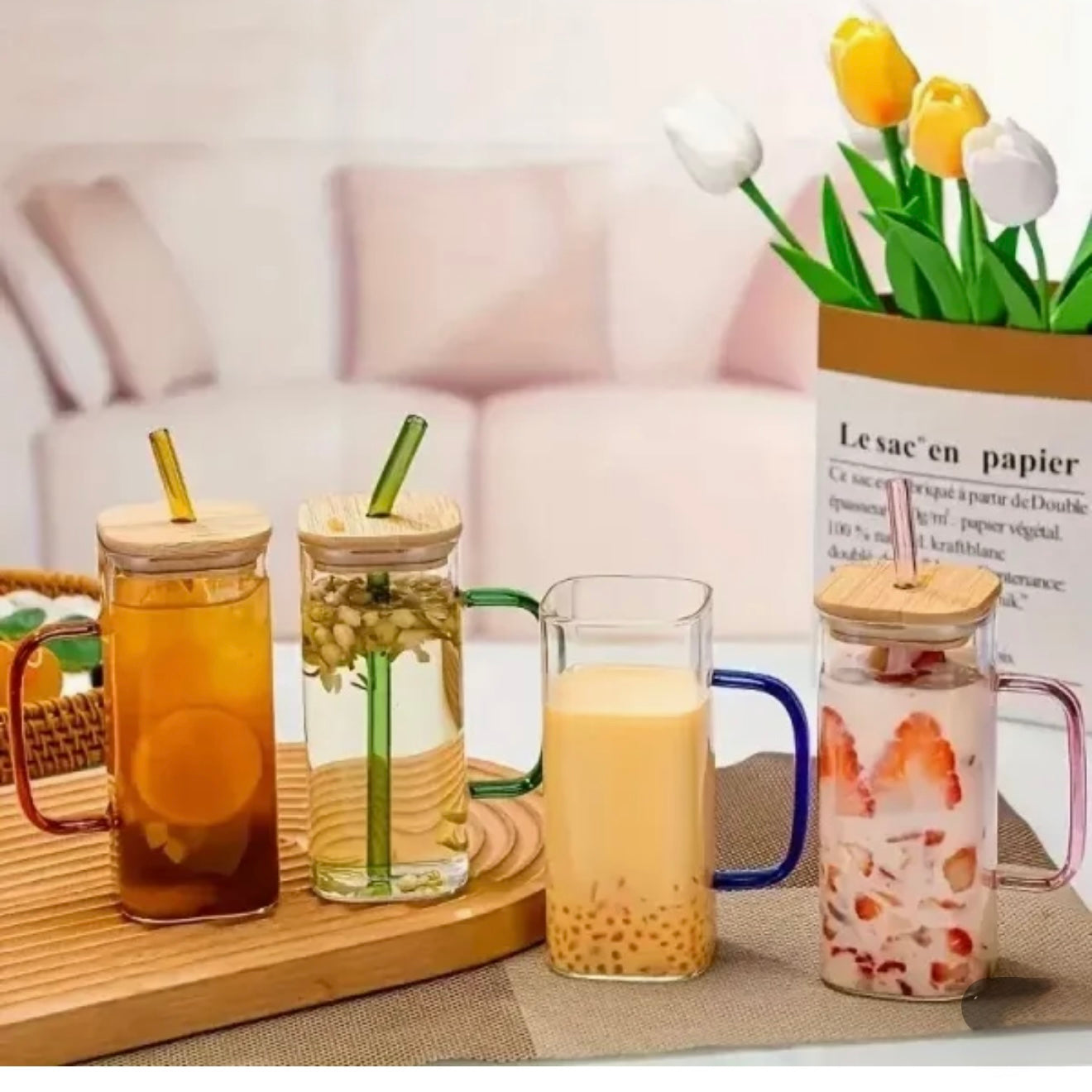 Square Glass Handled Straw Tumbler