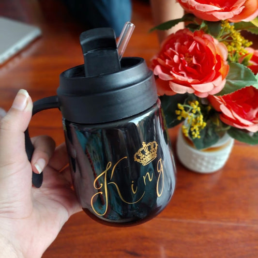 King Black Insulated Mug with Straw & Handle – 400ml