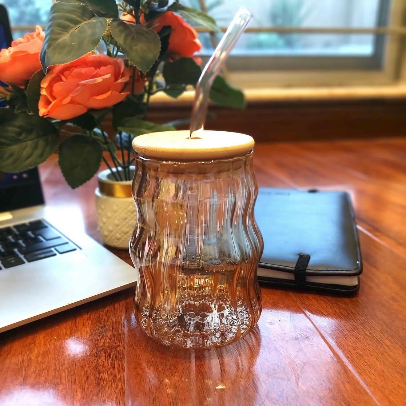 Ribbed & Round Glass Sipper with Glass Straw