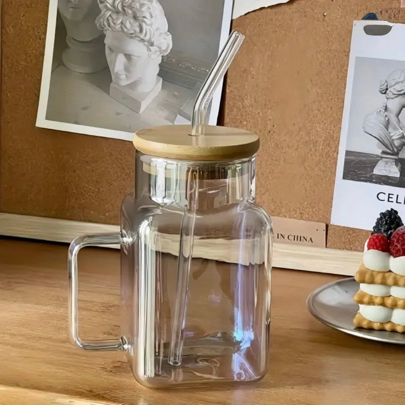 Square Glass Smoothie Tumbler with Handle & Straw