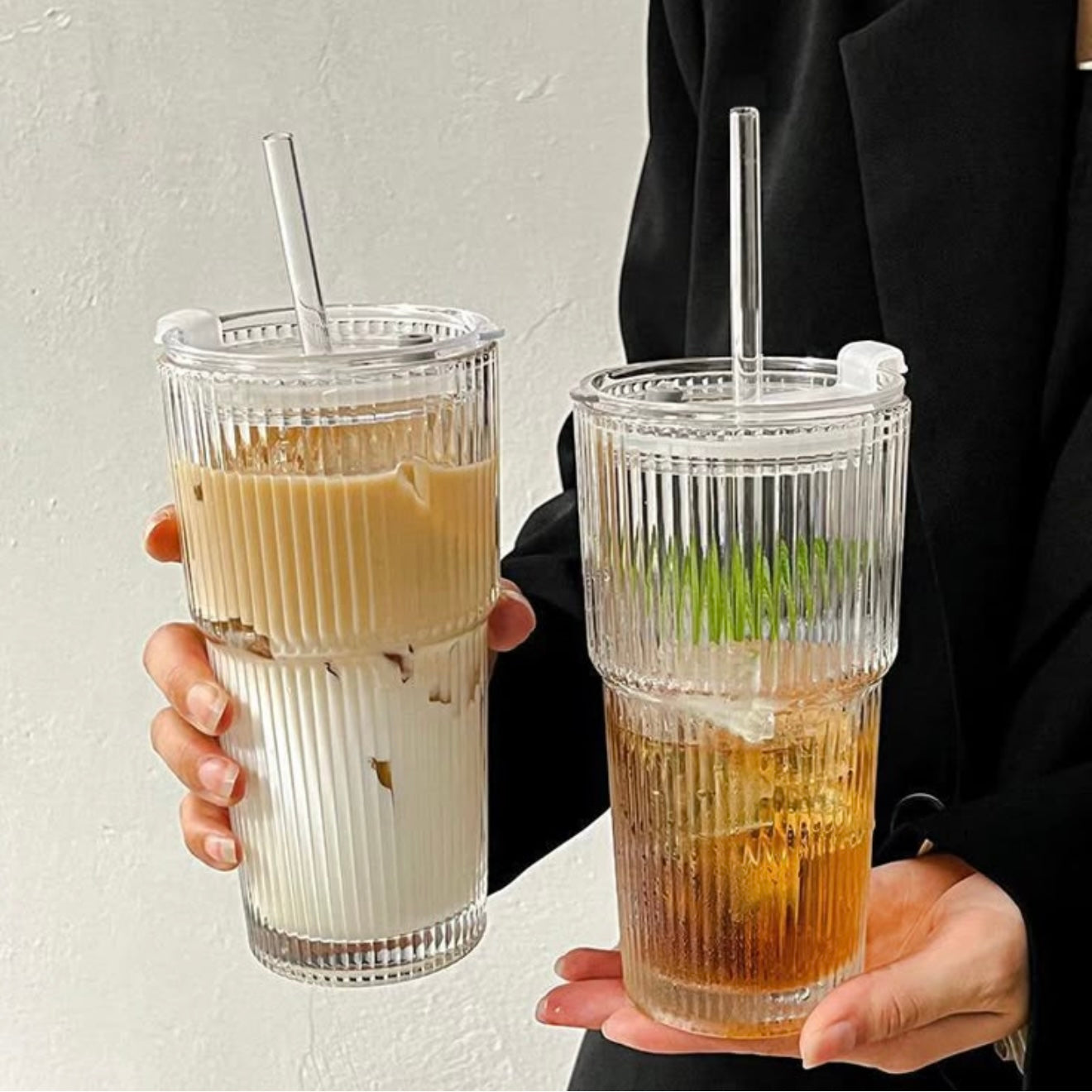 600ml stripe glass Cup with Lid and Straw Transparent