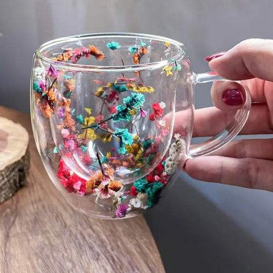 Double Wall Glass Mug with Dry Flowers