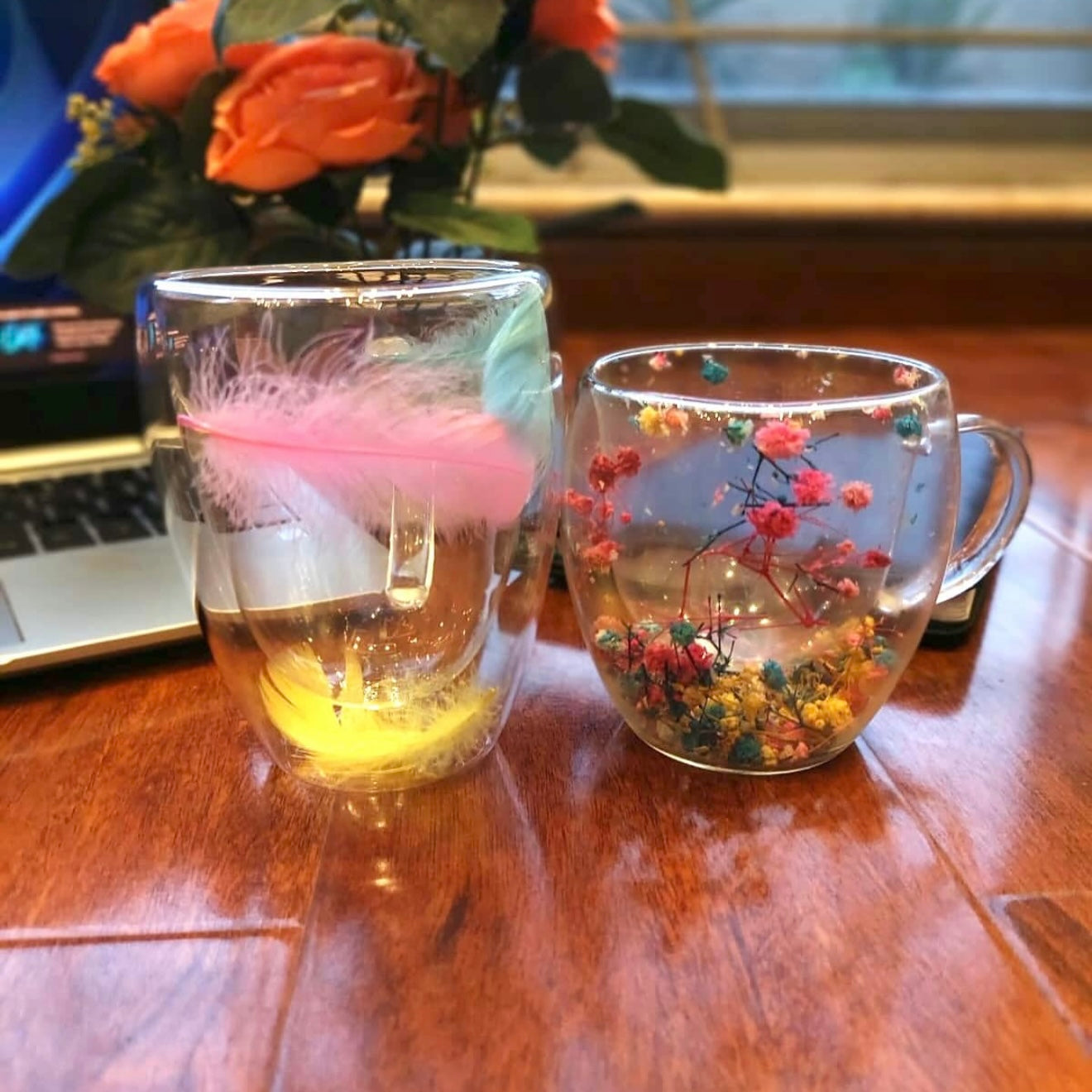 Double Wall Glass Mug with Dry Flowers
