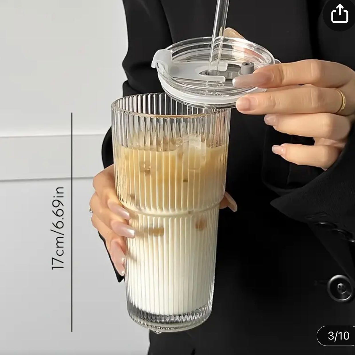 600ml stripe glass Cup with Lid and Straw Transparent