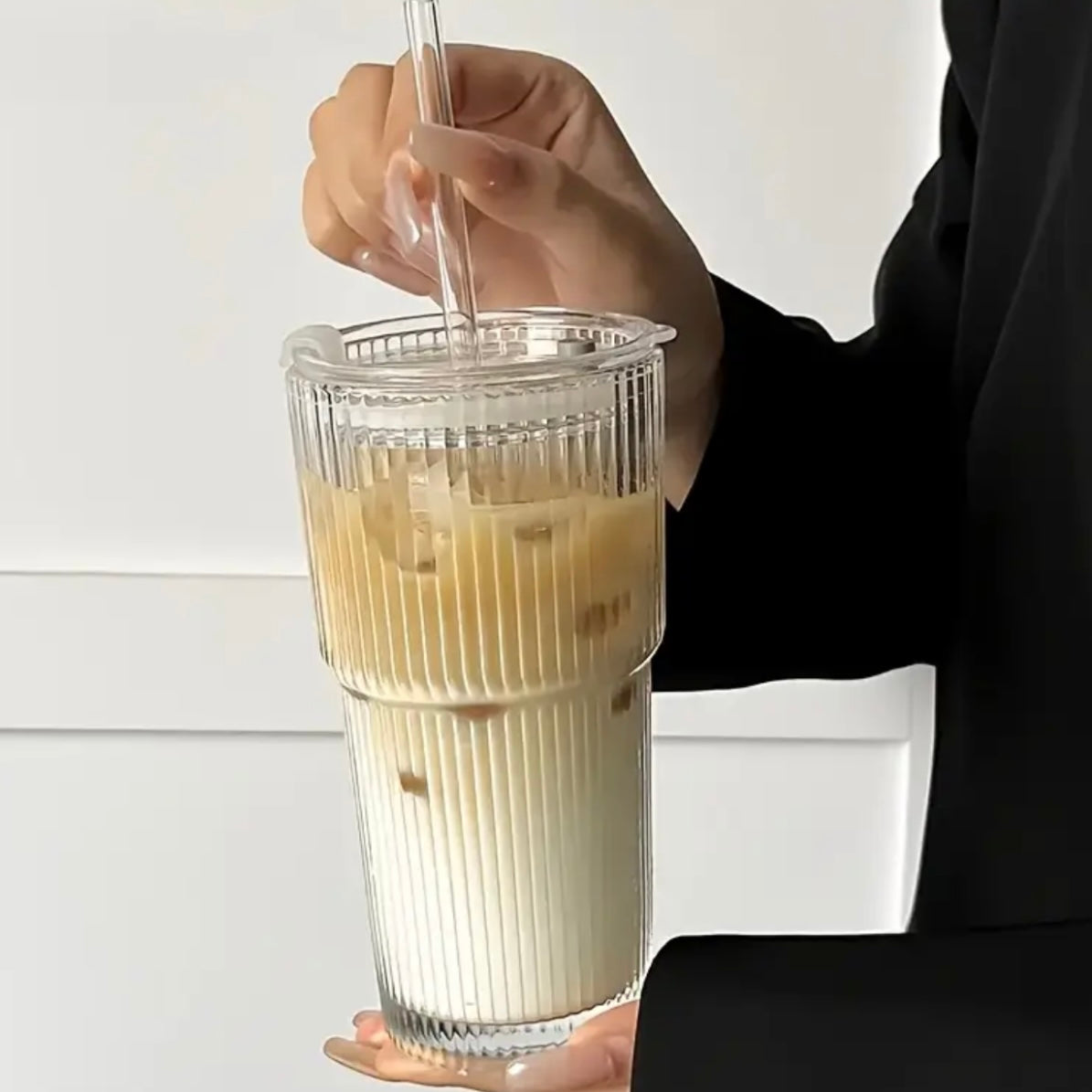 600ml stripe glass Cup with Lid and Straw Transparent