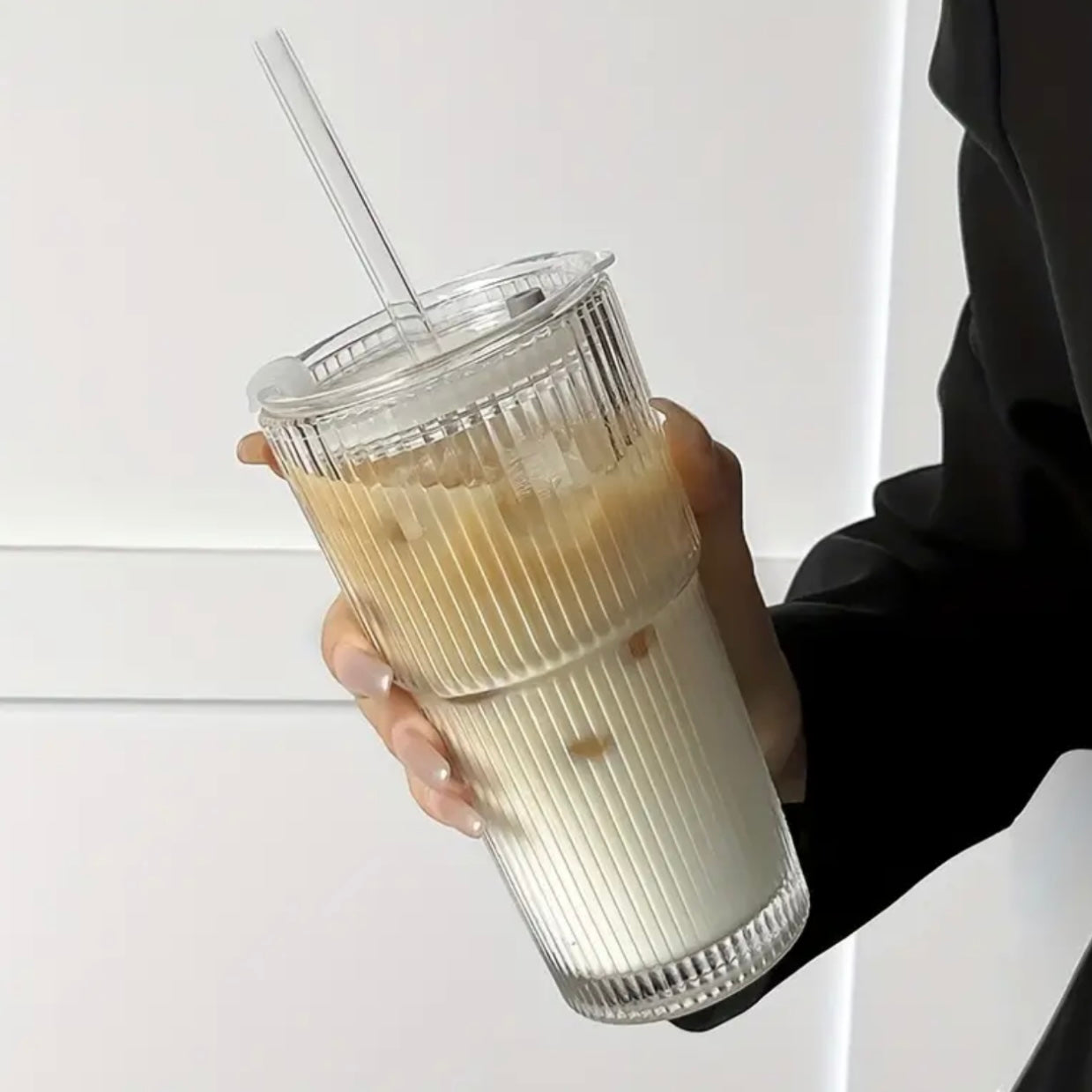 600ml stripe glass Cup with Lid and Straw Transparent