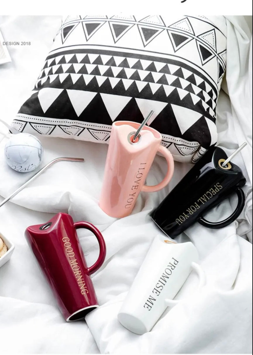 Ceramic Coffee Mug with Straw ( Love )