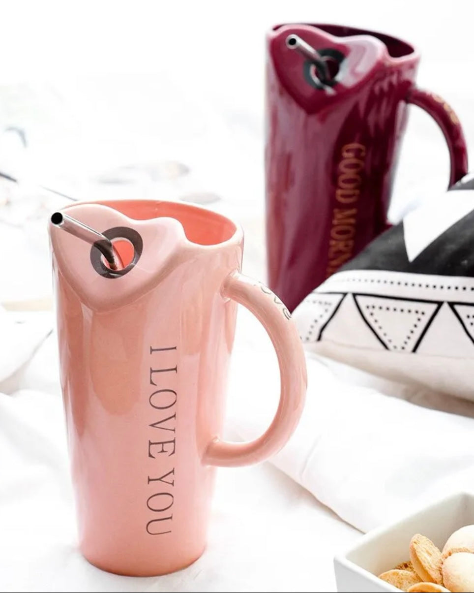 Ceramic Coffee Mug with Straw ( Love )