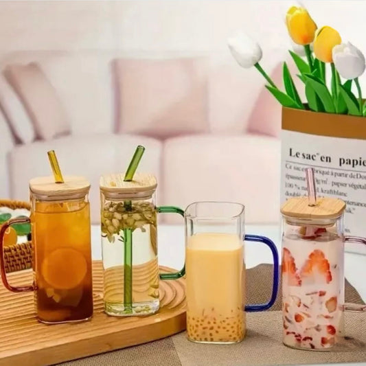 Square Glass Mug with Wooden Lid & Straw – 400ml