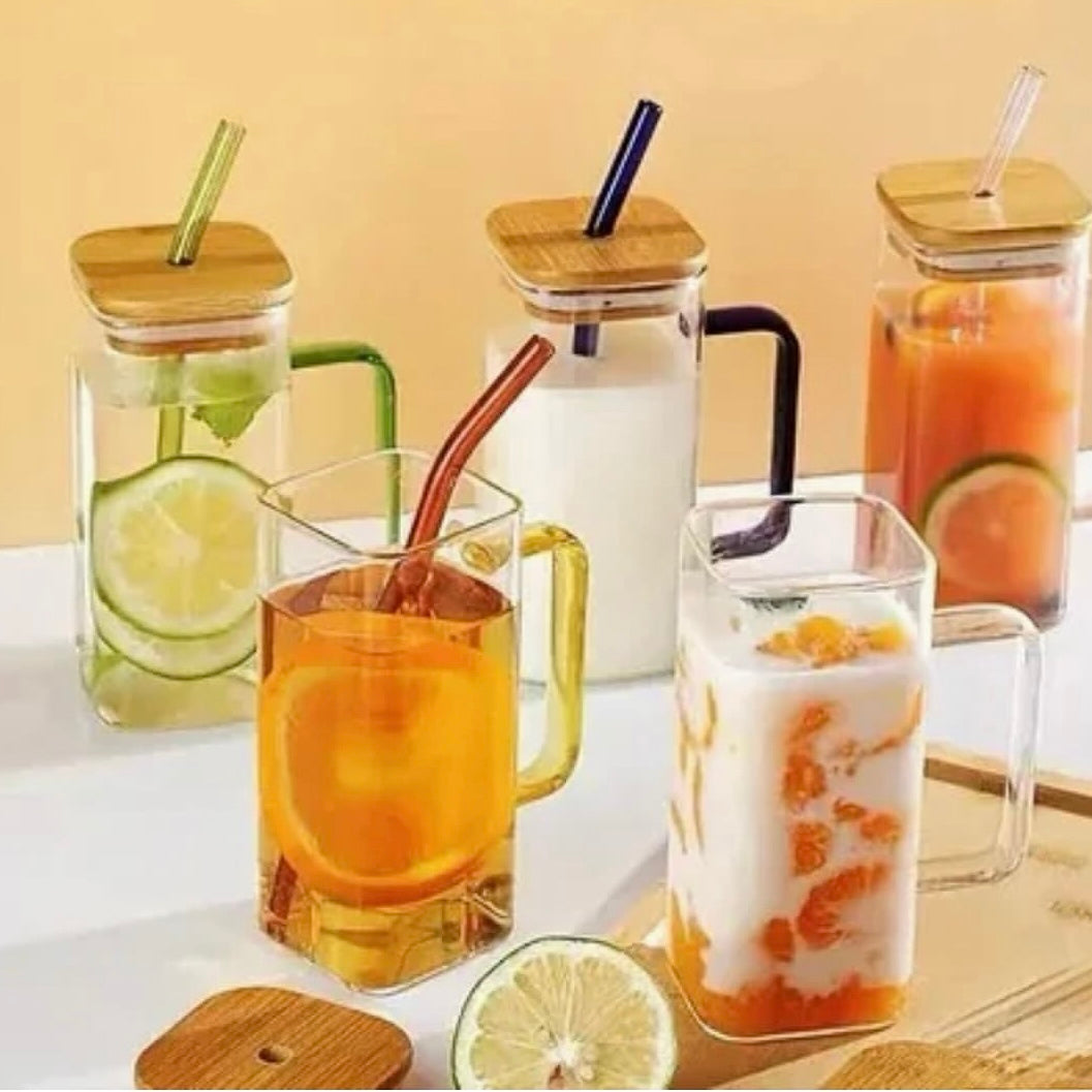 Square Glass Mug with Wooden Lid & Straw – 400ml