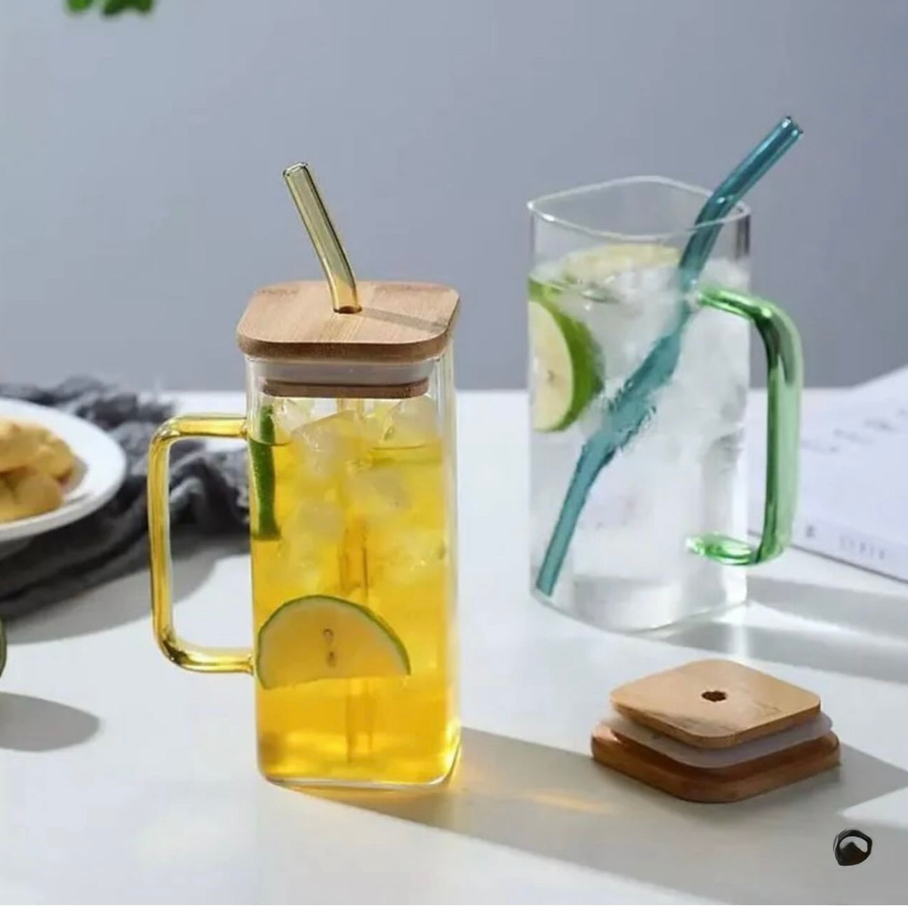Square Glass Mug with Wooden Lid & Straw – 400ml
