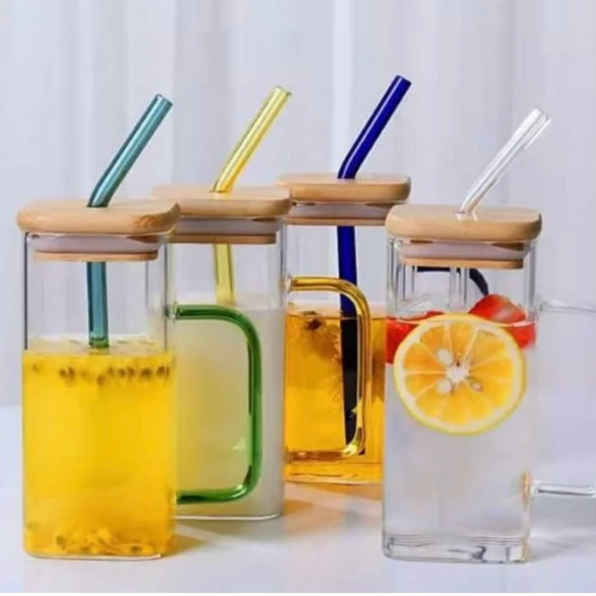 Square Glass Mug with Wooden Lid & Straw – 400ml