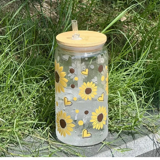 Sunflower Glass Tumbler with Bamboo Lid & Straw – 16 oz (470 ml)