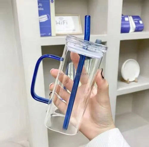 Blue Square Glass Handled Straw Tumbler
