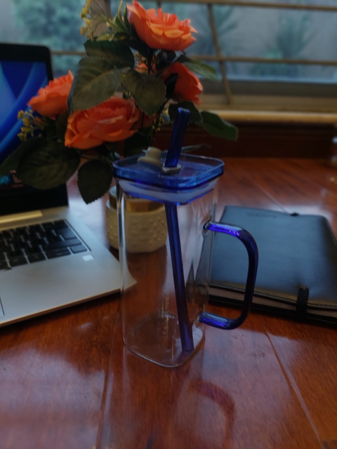 Blue Square Glass Handled Straw Tumbler
