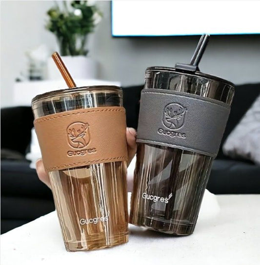 Glass Tumbler With Straws, Lid And Leather Sleeve
