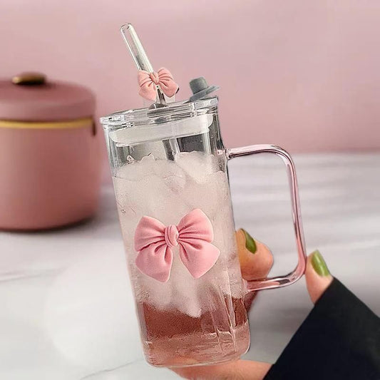 Cute bow square glass cups with lid and straw
