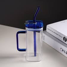 Blue Square Glass Handled Straw Tumbler