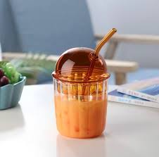 Cute Drinking Glasses with Glass Dome Lid and Straw
