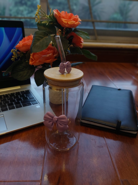 Aesthetic Bow Glass Jar with Lid & Straw
